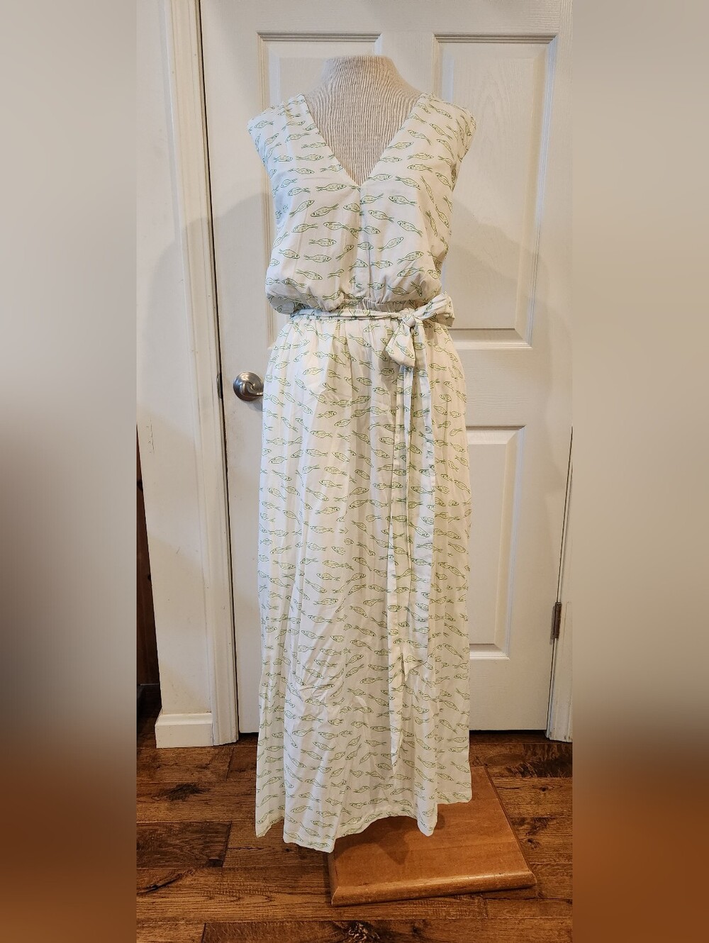 a new day White Maxi Dress with Light Green Fish Print and Waist Tie